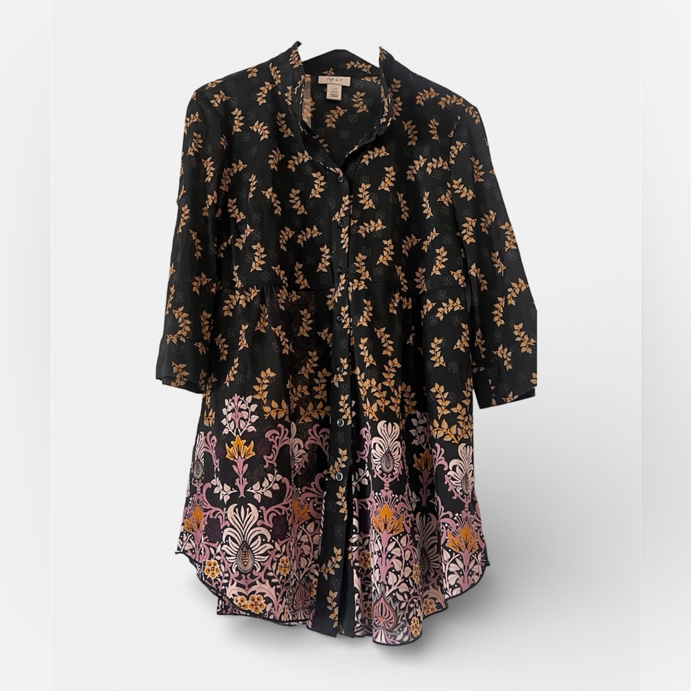 Style & Co. Black and Pink Floral Button Down Shirt